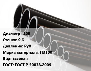 Труба полиэтиленовая 200х9.6 Ру8 ПЭ100 газовая ГОСТ: ГОСТ Р 50838-2009, метр, 21 цена от 1101 сом / м, где купить, условия доставки в Оше и Ошской области